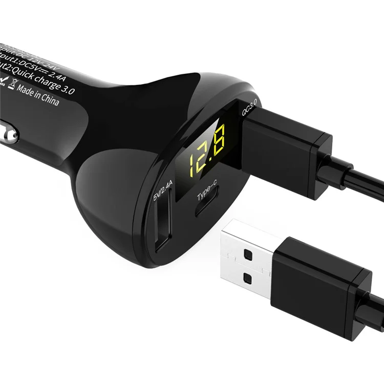 Caricabatterie da auto rapido QC 3.0 con doppia porta USB Type-C e display a LED