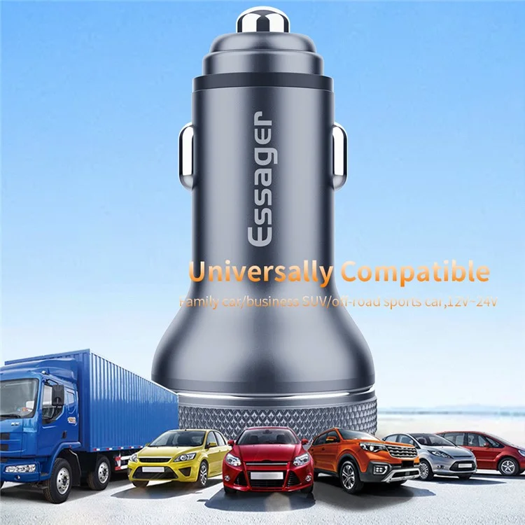 Caricabatterie per auto ESSAGER PD 3.0+QC 3.0 da 36W con display digitale, adattatore a doppia porta Type-C USB-A