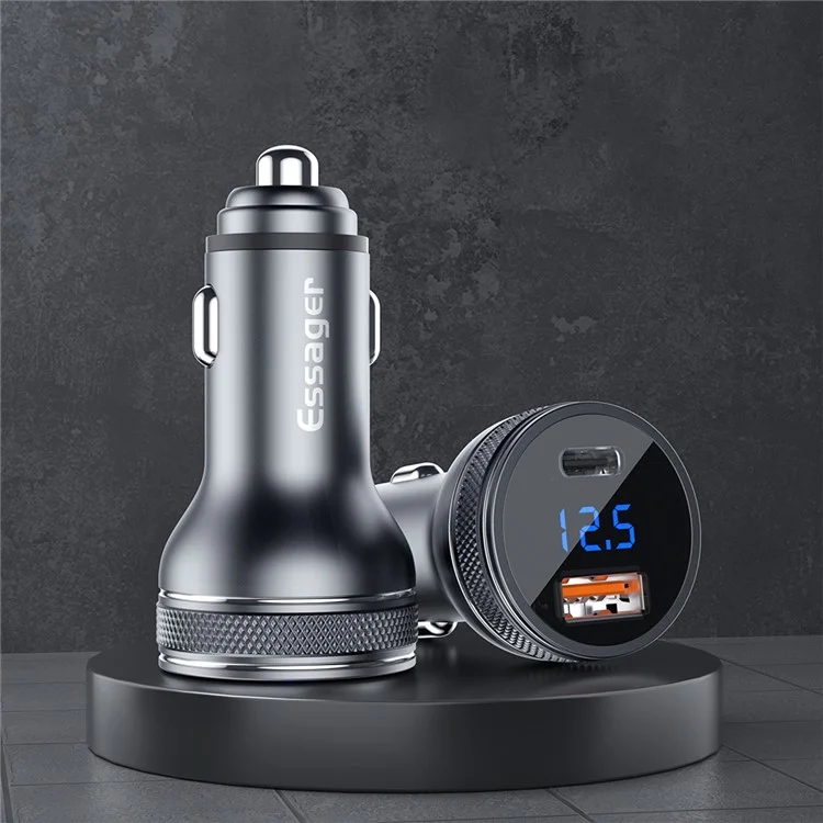 Caricabatterie per auto ESSAGER PD 3.0+QC 3.0 da 36W con display digitale, adattatore a doppia porta Type-C USB-A