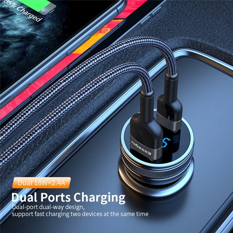 Caricabatterie per auto ESSAGER PD 3.0+QC 3.0 da 36W con display digitale, adattatore a doppia porta Type-C USB-A