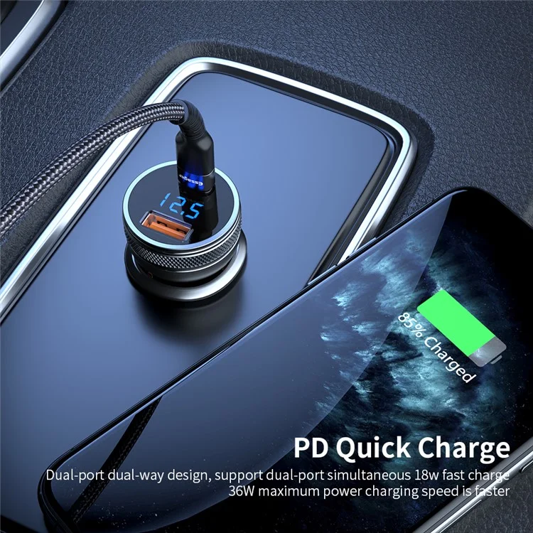 Caricabatterie per auto ESSAGER PD 3.0+QC 3.0 da 36W con display digitale, adattatore a doppia porta Type-C USB-A