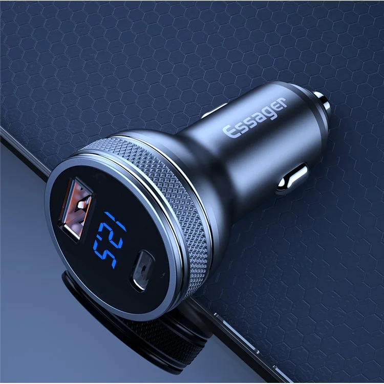 Caricabatterie per auto ESSAGER PD 3.0+QC 3.0 da 36W con display digitale, adattatore a doppia porta Type-C USB-A