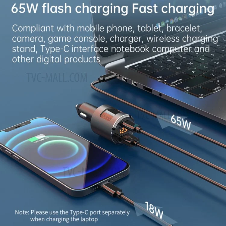 SC01 USB Car Charger 18W QC3.0 65W PD Type C Dual Ports Car Fast Charger Adapter - Silver