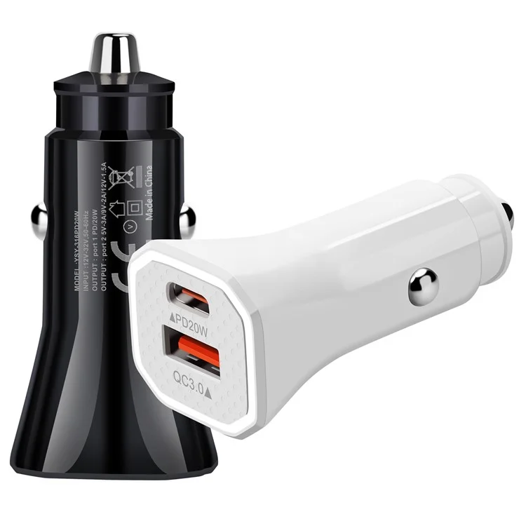 YSY-316PD20W QC3.0 USB + PD 20W Type-C Dual Port Mobile Phone Car Charger Fast Charging Adapter - Black