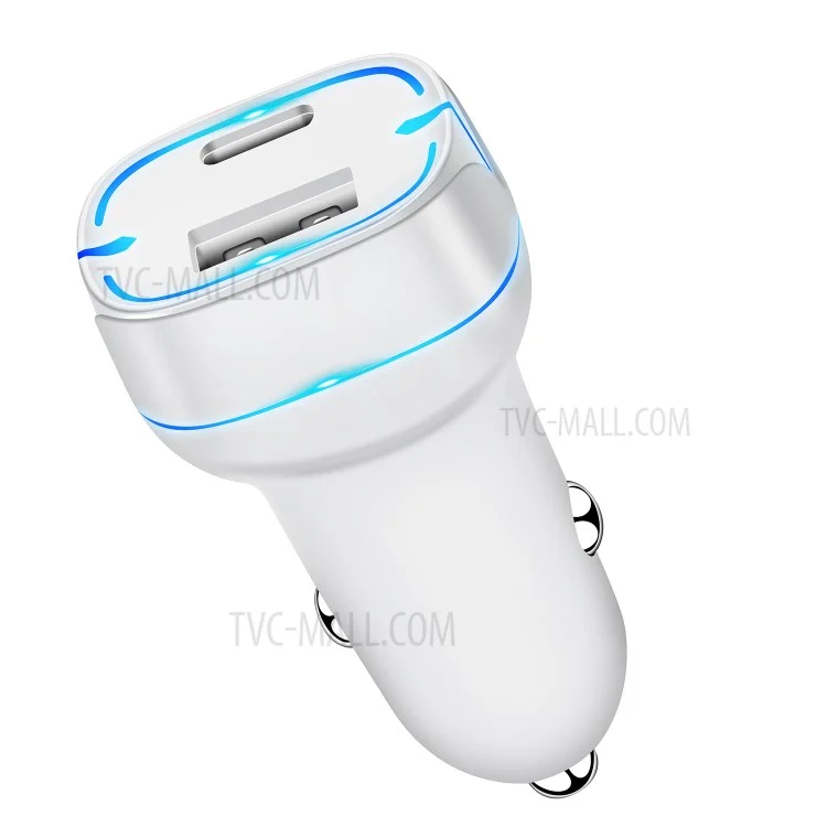 PD+QC 36W Dual Port Car Charger Fast Charging Adapter with LED Indicator for iPhone/Xiaomi/Huawei - White