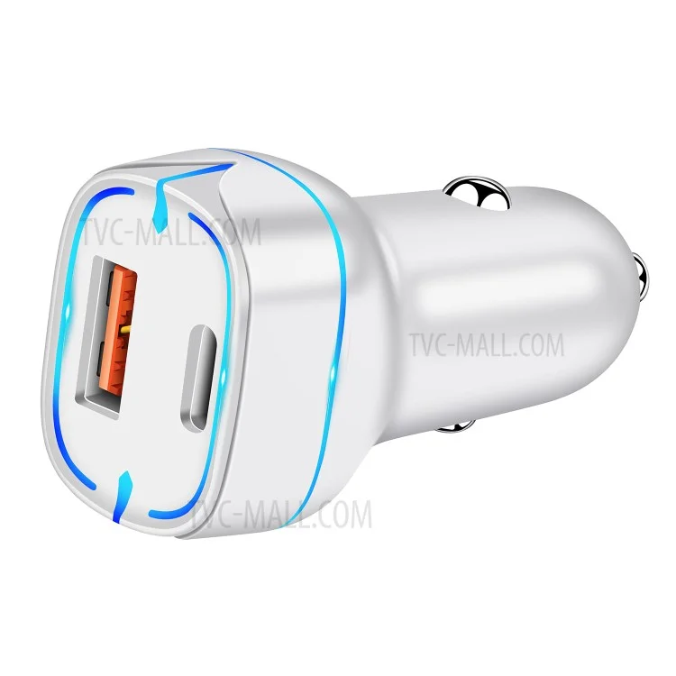 PD+QC 36W Dual Port Car Charger Fast Charging Adapter with LED Indicator for iPhone/Xiaomi/Huawei - White