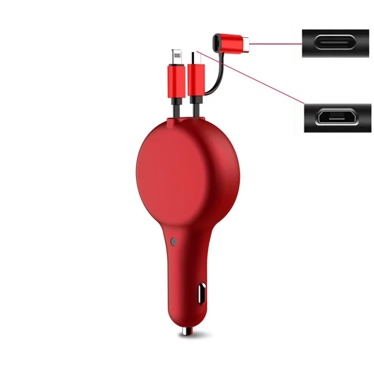 SUMI-TAP 3 in 1 Telescopic Car Charger Cable PD+QC3.0 Fast Charging Cable Cord with Type-C Micro USB Lightning Port - Red