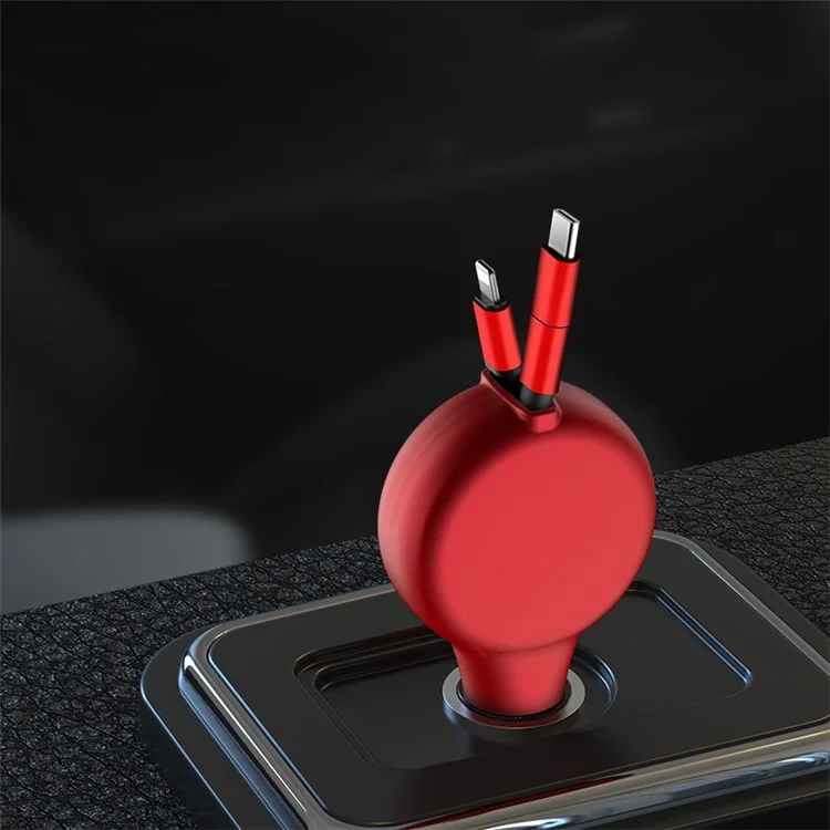 SUMI-TAP 3 in 1 Telescopic Car Charger Cable PD+QC3.0 Fast Charging Cable Cord with Type-C Micro USB Lightning Port - Red