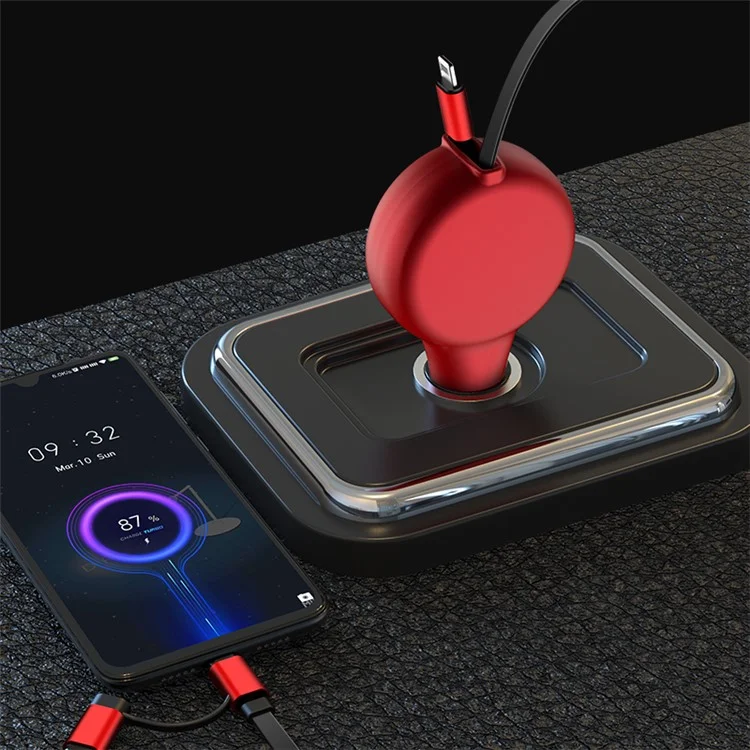 SUMI-TAP 3 in 1 Telescopic Car Charger Cable PD+QC3.0 Fast Charging Cable Cord with Type-C Micro USB Lightning Port - Red