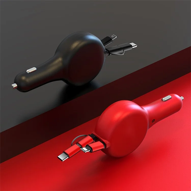 SUMI-TAP 3 in 1 Telescopic Car Charger Cable PD+QC3.0 Fast Charging Cable Cord with Type-C Micro USB Lightning Port - Red