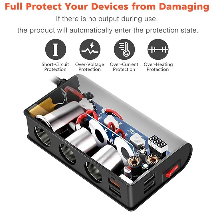 Cargador de coche de alta potencia TR24 con 3 tomas de mechero y 4 puertos USB Carga rápida Adaptador con interruptor independiente