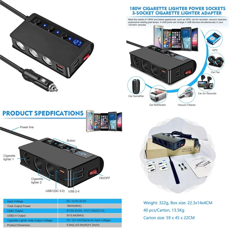 TR24 Charger de Voiture Haute Puissance 3 Sockets Allumeurs de Cigarettes 4 Ports USB Adaptateur de Charge Rapide Avec Commutateur Indépendant