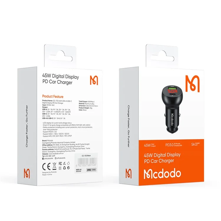 Mcdodo CC-7030 MDD 45W USB + Tipo-c Carregador de Carras do Tipo-c do LED Com Tela LED - Preto