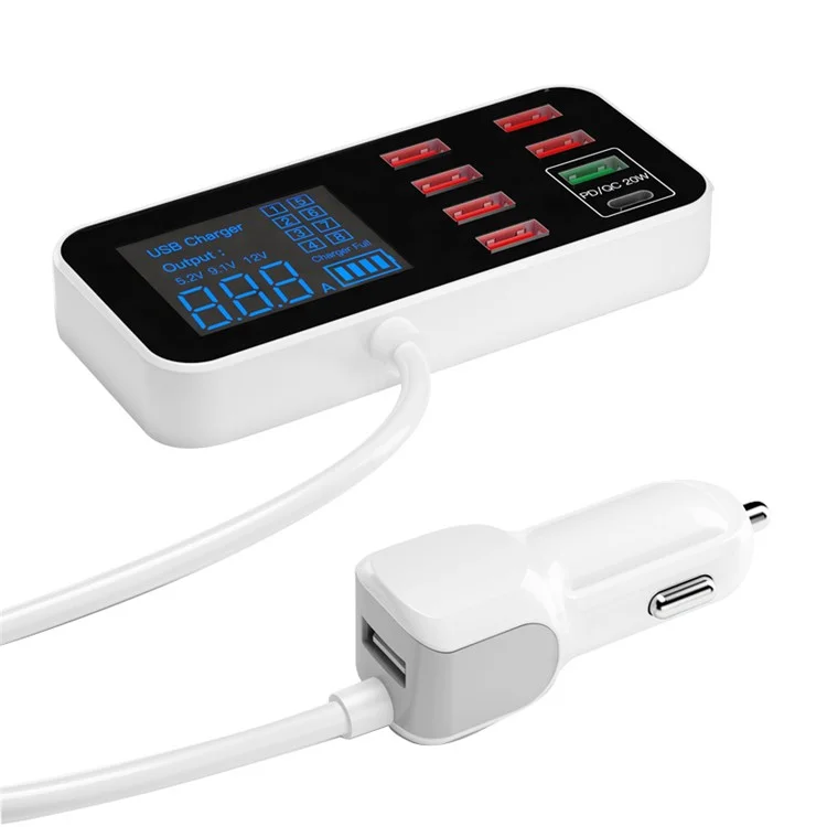 WLX-A9S+ Chargeur de voiture USB à 8 ports, chargeur de téléphone 20W PD + QC3.0, station de charge avec affichage LCD intelligent