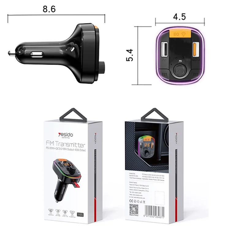 YESIDO Y45 Bluetooth 5.0 Wireless FM Transmitter PD + QC 3.0 Dual USB Car Charger with Colorful Light