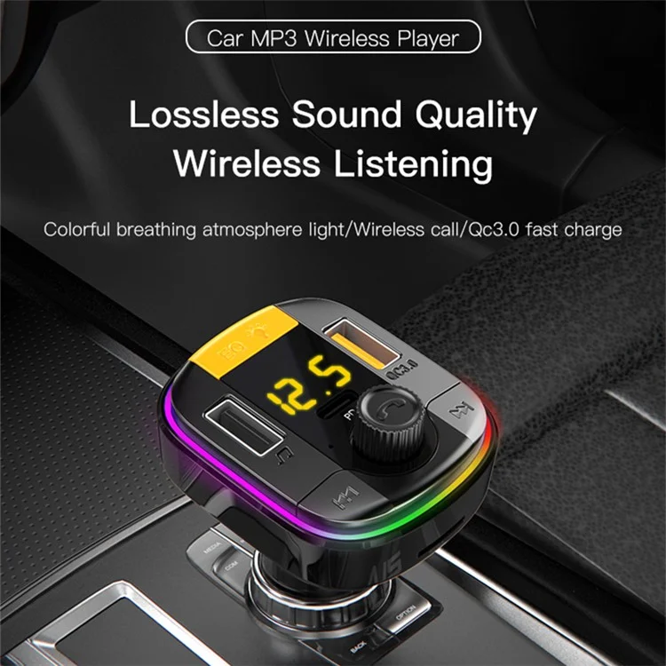 Yesido Y45 Bluetooth 5.0 Transmissor FM Sem Fio PD + QC 3.0 Carregador de Carro USB Duplo Com Luz Colorida