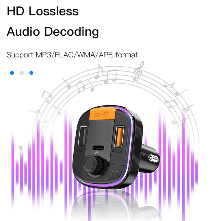 YESIDO Y45 Bluetooth-compatible 5.0 Wireless FM Transmitter PD + QC 3.0 Dual USB Car Charger with Colorful Light