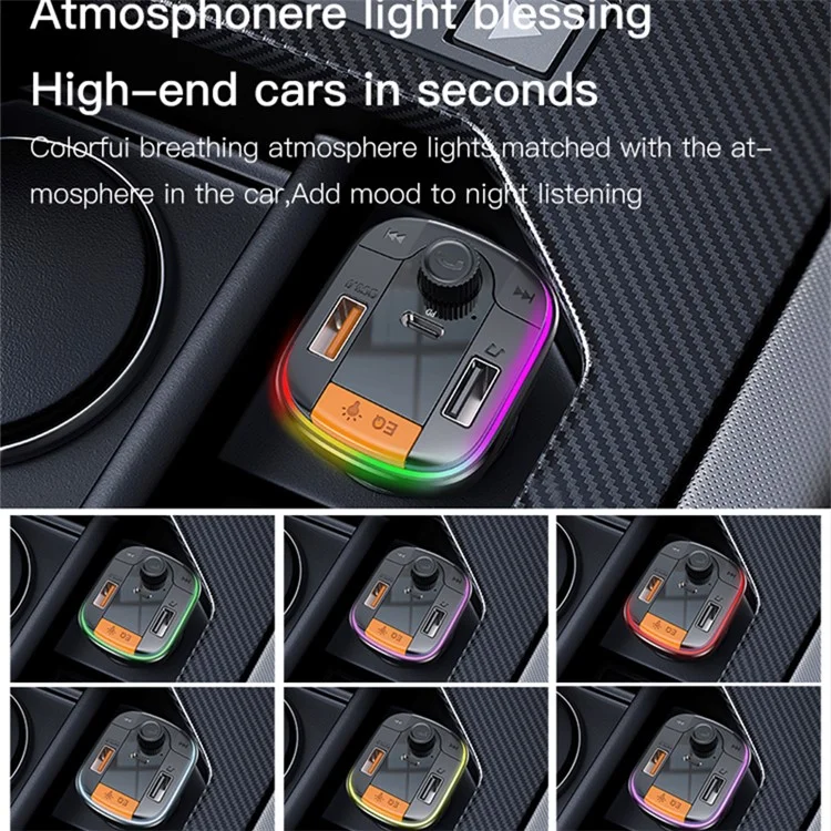 YESIDO Y45 Bluetooth-compatible 5.0 Wireless FM Transmitter PD + QC 3.0 Dual USB Car Charger with Colorful Light