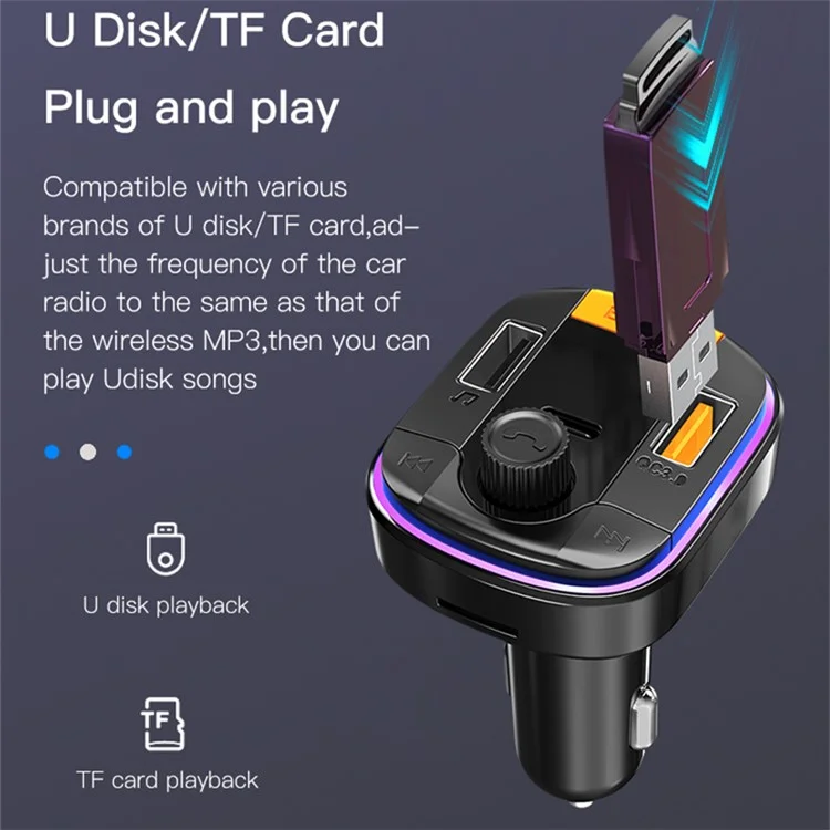 YESIDO Y45 Bluetooth-compatible 5.0 Wireless FM Transmitter PD + QC 3.0 Dual USB Car Charger with Colorful Light