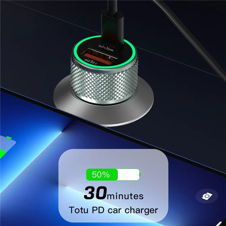 TOTU DCCPD-10 Blade Series USB 18W + Type C 20W Dual Port Car Charger Fast Charging Mobile Phone Charger for iPhone Samsung Xiaomi