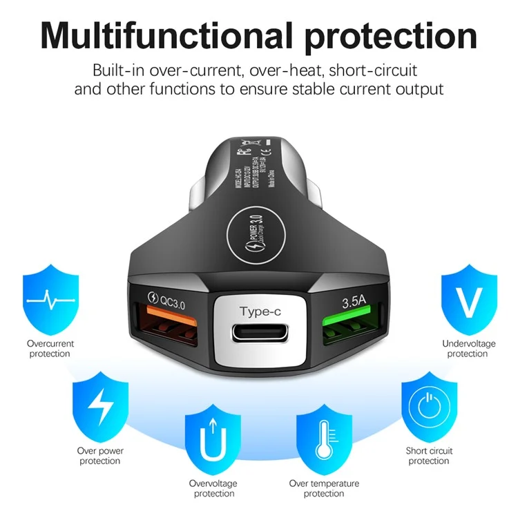 35W 7A Dual USB + 1 Type-C QC3.0 Charge de Charge Rapide du Chargeur de Voiture Mobile Adaptateur (CE, FCC Certificated) - le Noir