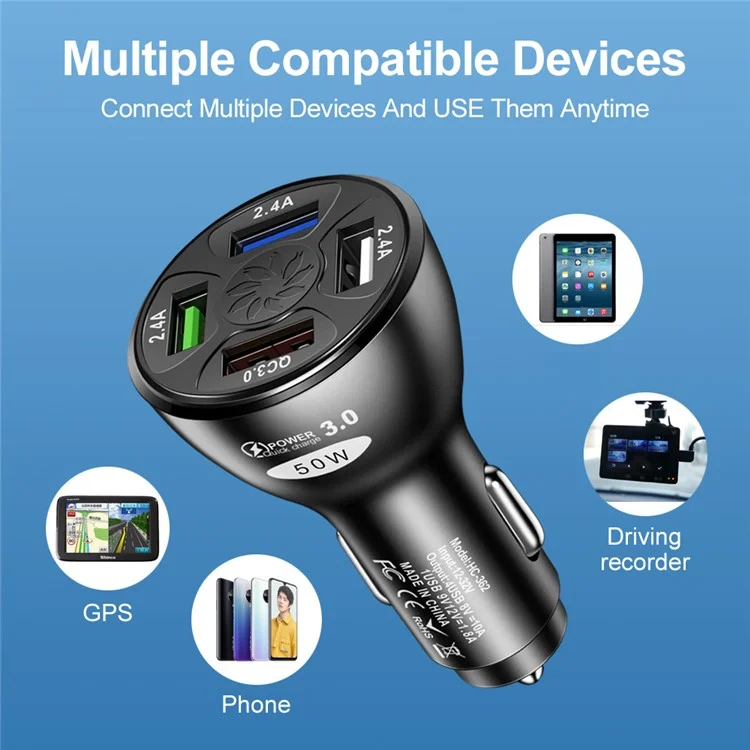 50W 4 USB Ports QC3.0 Fast Charging Car Charger Phone Power Adapter - Black