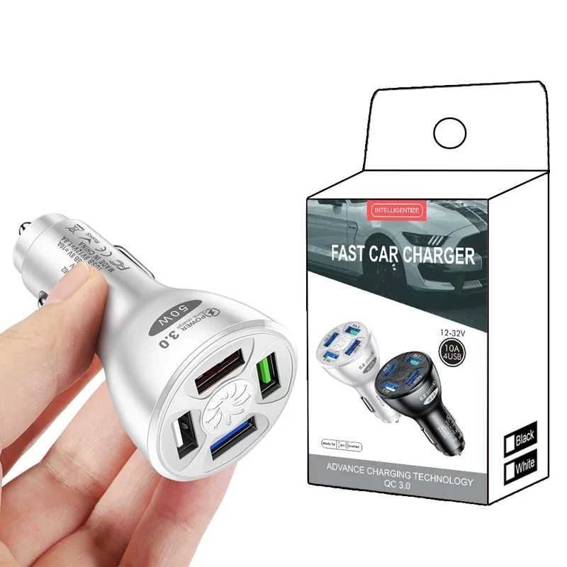 50W 4 USB Ports QC3.0 Fast Charging Car Charger Phone Power Adapter - White