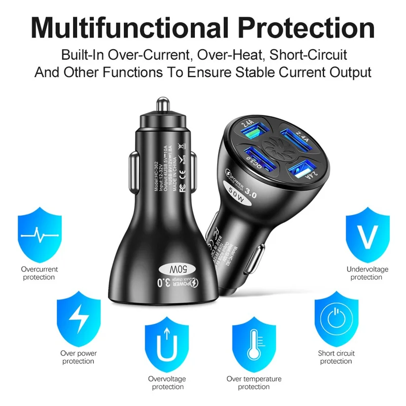 50W 4 USB Ports QC3.0 Fast Charging Car Charger Phone Power Adapter - White
