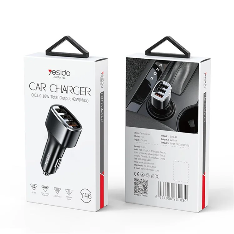 MiniPhone YESIDO Y46 QC 3.0 - Smart Car Charger 3 USB Port 42W Mini Phone Charger für iPhone / Samsung / Huawei / HTC