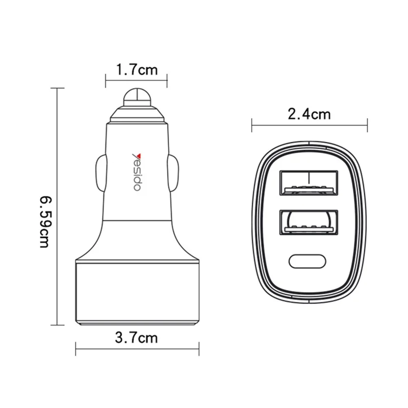 YESIDO Y47 3 Ports 49W Fast Charging Car Charger Type-C Phone Power Adapter