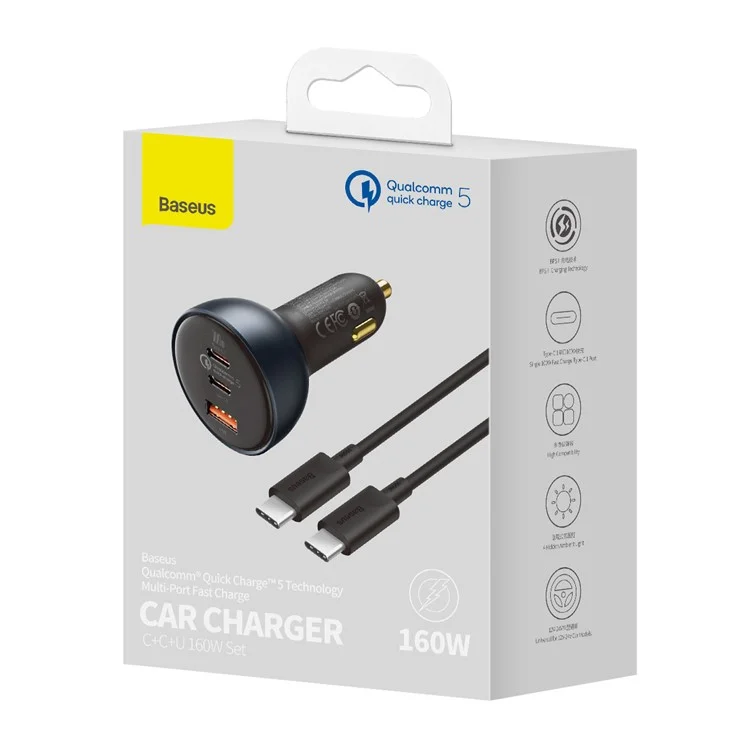 BASEUS Caricabatteria per auto con ricarica veloce Qualcomm QC 5.0 Multi-Port 160W con cavo Type-C+Type-C+USB e adattatore di alimentazione 