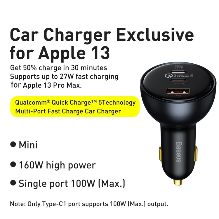 BASEUS Caricabatteria per auto con ricarica veloce Qualcomm QC 5.0 Multi-Port 160W con cavo Type-C+Type-C+USB e adattatore di alimentazione 