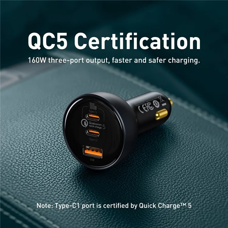 BASEUS Caricabatteria per auto con ricarica veloce Qualcomm QC 5.0 Multi-Port 160W con cavo Type-C+Type-C+USB e adattatore di alimentazione 