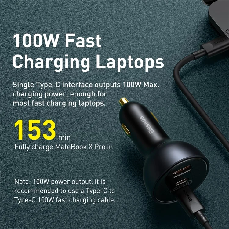 BASEUS Caricabatteria per auto con ricarica veloce Qualcomm QC 5.0 Multi-Port 160W con cavo Type-C+Type-C+USB e adattatore di alimentazione 