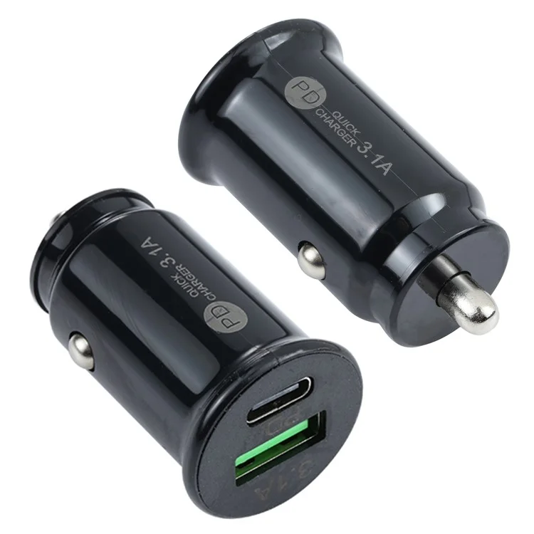 TE-339PD 5V/3.1A PC Type-C + 3.1A USB Mini Car Charger Dual Ports Cigarette Lighter Fast Charging - Black