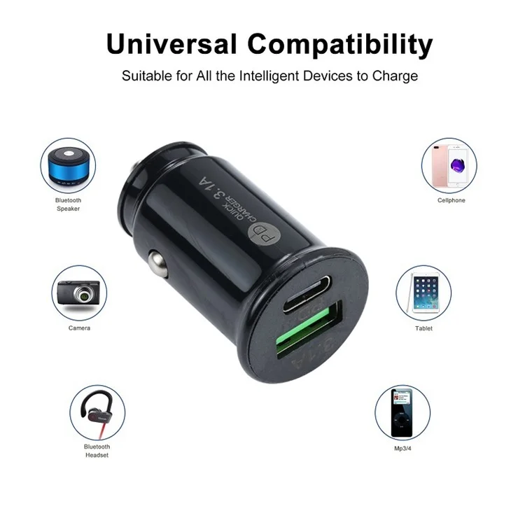 TE-339PD 5V/3.1A PC Type-C + 3.1A USB Mini Car Charger Dual Ports Cigarette Lighter Fast Charging - Black