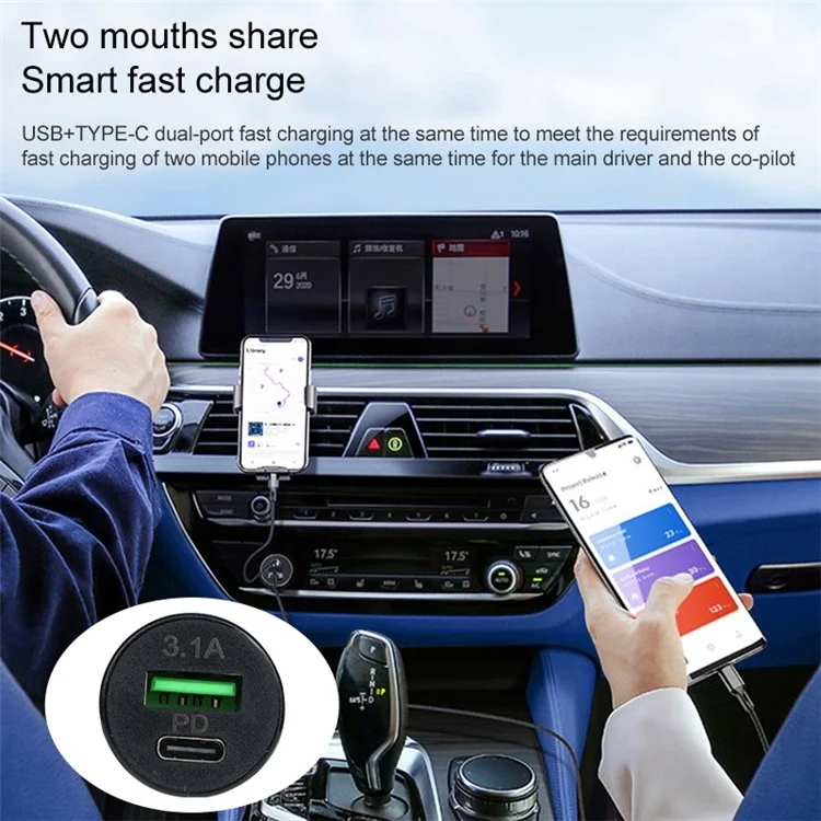 TE-339PD 5v / 3.1A PC Type-c + 3.1A USB Mini Car Chargeur Double Ports Cigarette Light Fast Charging - le Noir