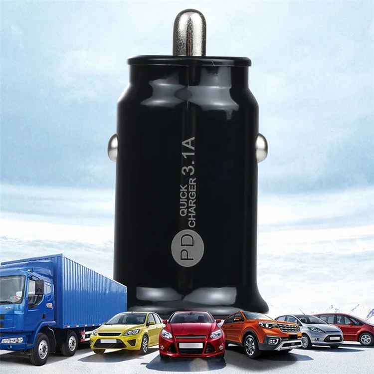 TE-339PD 5V/3.1A PC Type-C + 3.1A USB Mini Car Charger Dual Ports Cigarette Lighter Fast Charging - Black