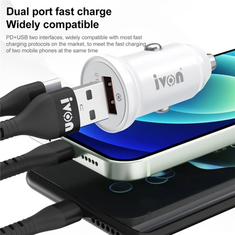 IVON CC45 20W PD 3.0 Type-c + qc 3.0 USB Dual Port Mini Car Chargeur Téléphone Fast Charging Adaptateur