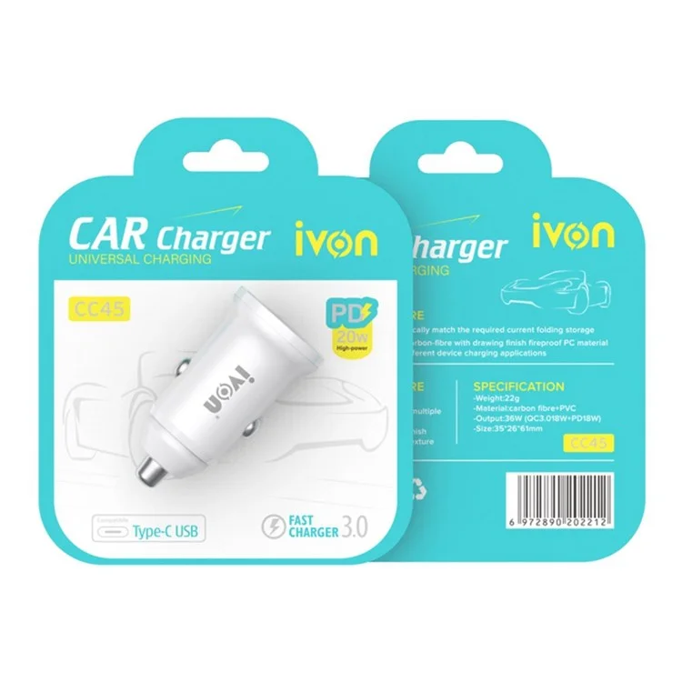 Ivon CC45 20W PD 3.0 Tipo-c+qc 3.0 USB Mini Cargador de Cargador de Cargador de Automóvil