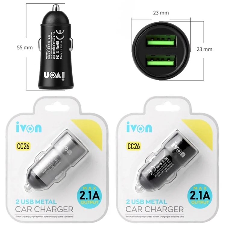 IVON CC26 5V 2.1A Dual USB Ports Fast Charger Car Charger for Cell Phone Camera Tablets Laptops and More - Black