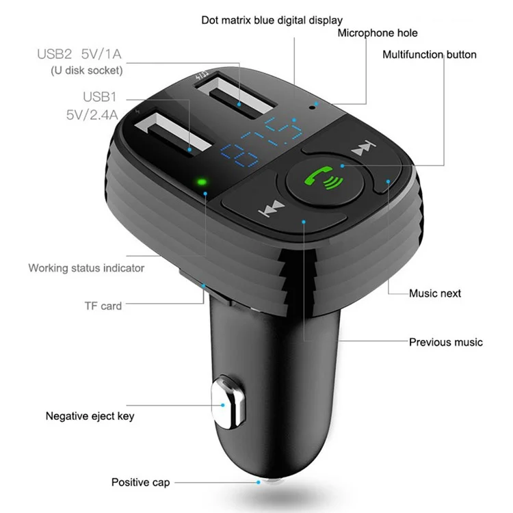 Lohee S-11 Двойной Usb-порты Fm-передатчик Bluetooth Calls Car Зарядное Устройство Зажигало - Черный
