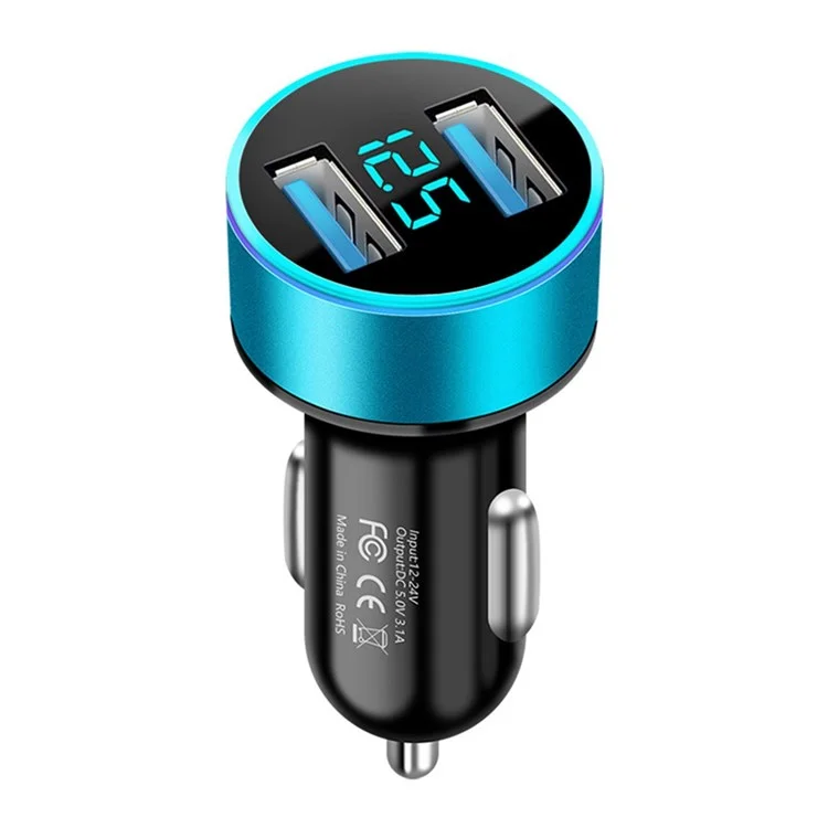 Diseño de Luz de Anillo LED de Cargador de Automóvil Dual USB 5V 3.1A Cargador Rápido de Automóvil Universal Cargador de Teléfono Para Tabletas de Cámara Las Computadoras Portátiles - Negro / Azul