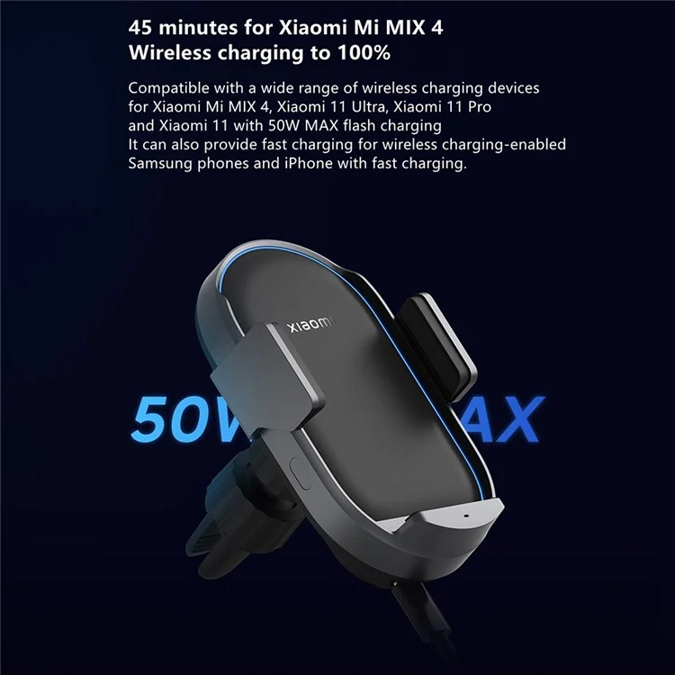 XIAOMI PRO Wireless Car Charger 50W Fast Charging Cell Phone Clip Phone Mount Dual-port Charger with Type-C Cable