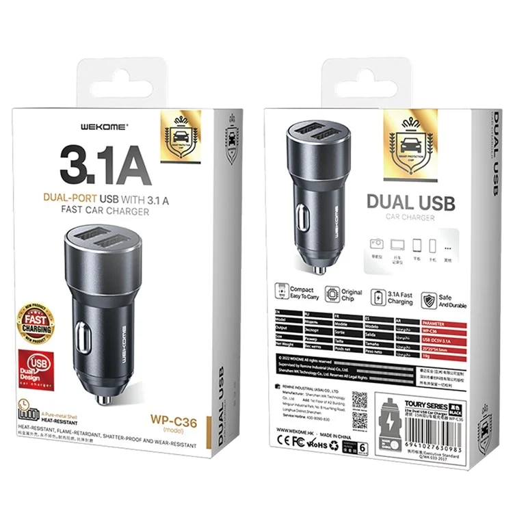 Wekome WP-C36 Cargo de Car Dual USB Metal Shelp 3.1A Adaptador de Alta Corriente Para Vehículos de 12-24V - Negro