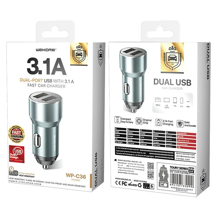 Wekome WP-C36 Dual USB Car Ladegerät Metallschale 3.1A Hochstromadapter Für 12-24 v Fahrzeuge - Trüben