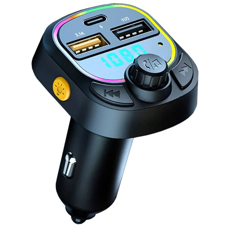 C28 Bluetooth-compatible FM Transmitter Hands-free Call Car MP3 Music Player Type-C + Dual USB Phone Charger with Colorful Light