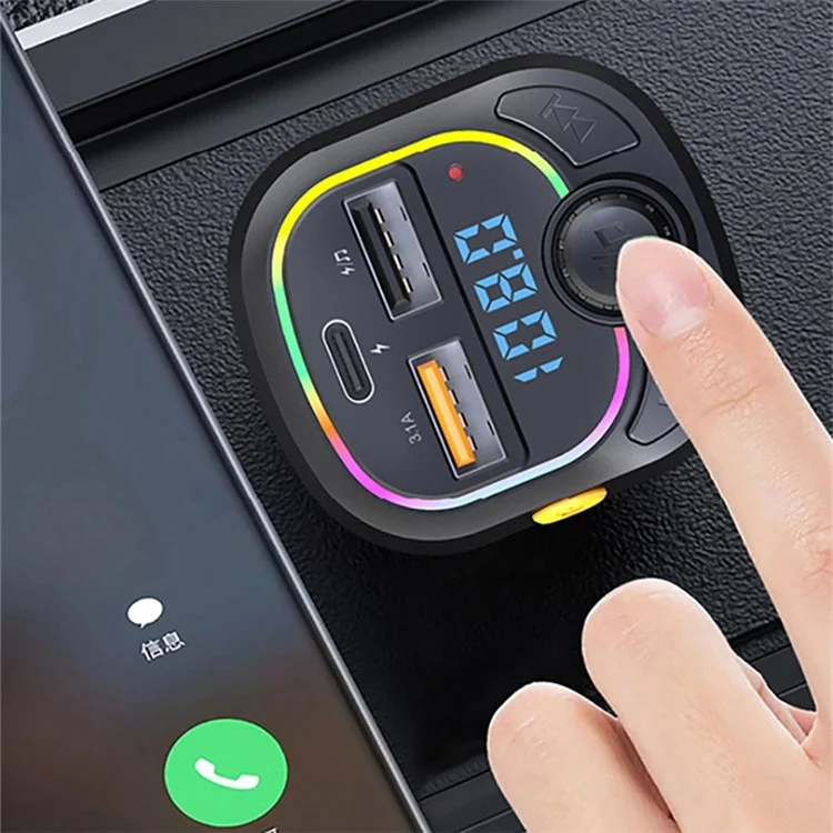 C28 Bluetooth-compatible FM Transmitter Hands-free Call Car MP3 Music Player Type-C + Dual USB Phone Charger with Colorful Light