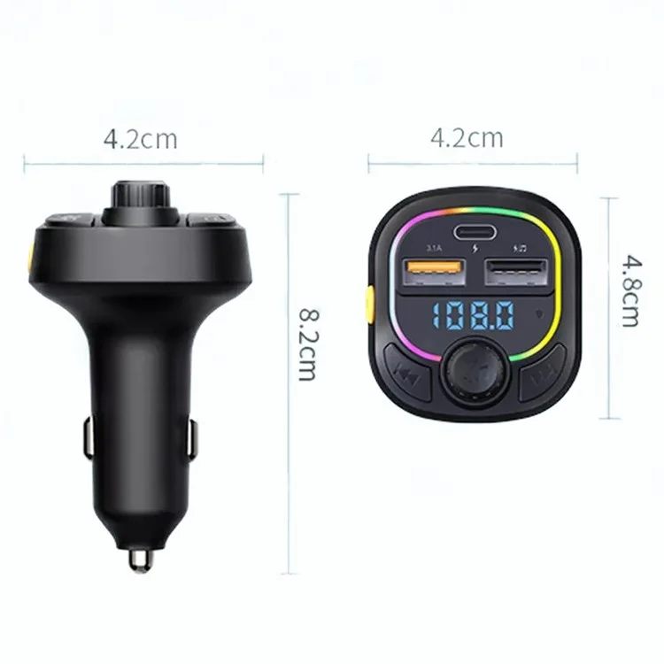 C28 Bluetooth-compatible FM Transmitter Hands-free Call Car MP3 Music Player Type-C + Dual USB Phone Charger with Colorful Light
