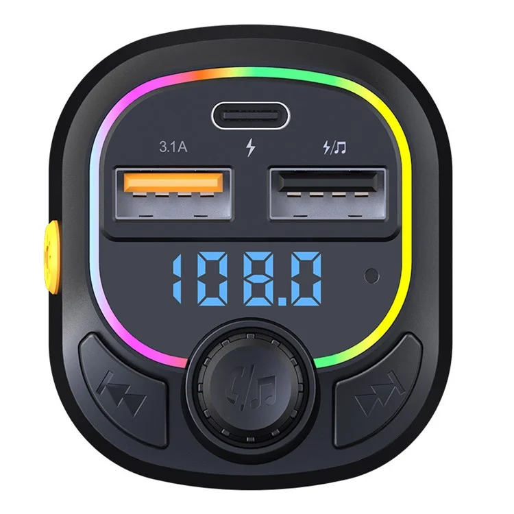 C28 Bluetooth-compatible FM Transmitter Hands-free Call Car MP3 Music Player Type-C + Dual USB Phone Charger with Colorful Light
